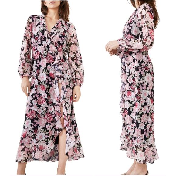 Bardot Floral Garden Justine Surplice Chiffon Ruffle high slit Dress Size 10 - Picture 1 of 6